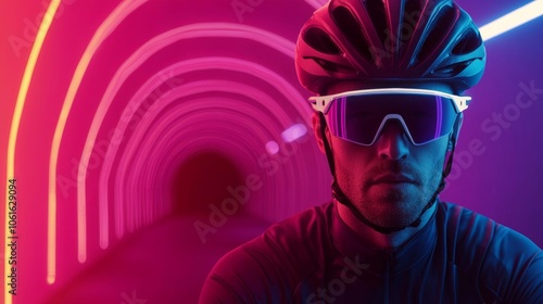 Cyclist with a glowing, energy-infused bike helmet, riding through neon tunnels, cycling, futuristic energy gear