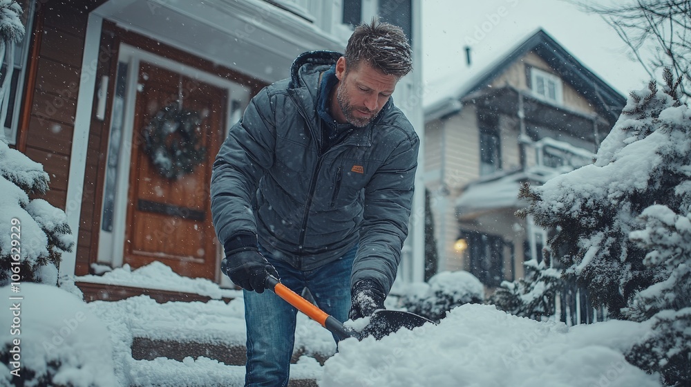 Man clearing snow from driveway during winter blizzard Man clearing snow from driveway during winter blizzard