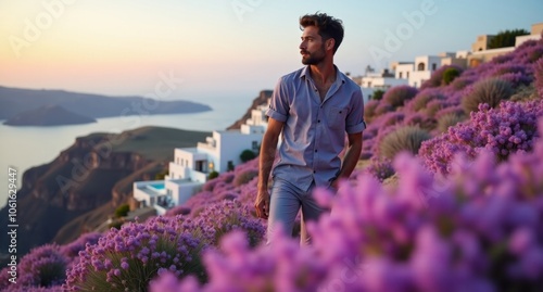 Naturalist male model hiking at Santorini, Greece, in rich purples and lavenders, a nature-inspired camouflage shot captured in 8k with Hasselblad X1D. photo