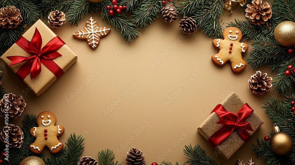 Festive holiday decorations with gingerbread cookies, presents, and pine branches arranged on a golden background for a cheerful winter celebration Festive holiday decorations with gingerbread cookies, presents, and pine branches arranged on a golden background for a cheerful winter celebration