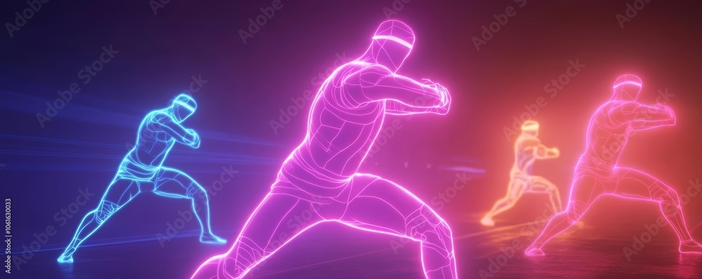Virtual reality gym class with neon energy enhancements, athletes performing synchronized movements, group fitness, virtual energy workout Virtual reality gym class with neon energy enhancements, athletes performing synchronized movements, group fitness, virtual energy workout