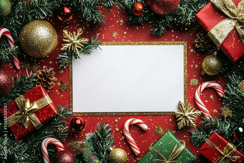 Festively decorated holiday flat lay with red background, presents, ornaments, candy canes, and pine branches ready for seasonal greeting messages Festively decorated holiday flat lay with red background, presents, ornaments, candy canes, and pine branches ready for seasonal greeting messages