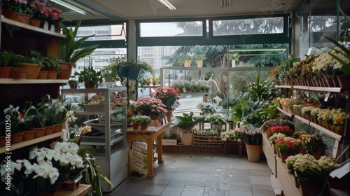 A bright flower shop brimming with plants and blooms, showcasing a vibrant, colorful assortment in an urban setting, inviting customers with its charm.