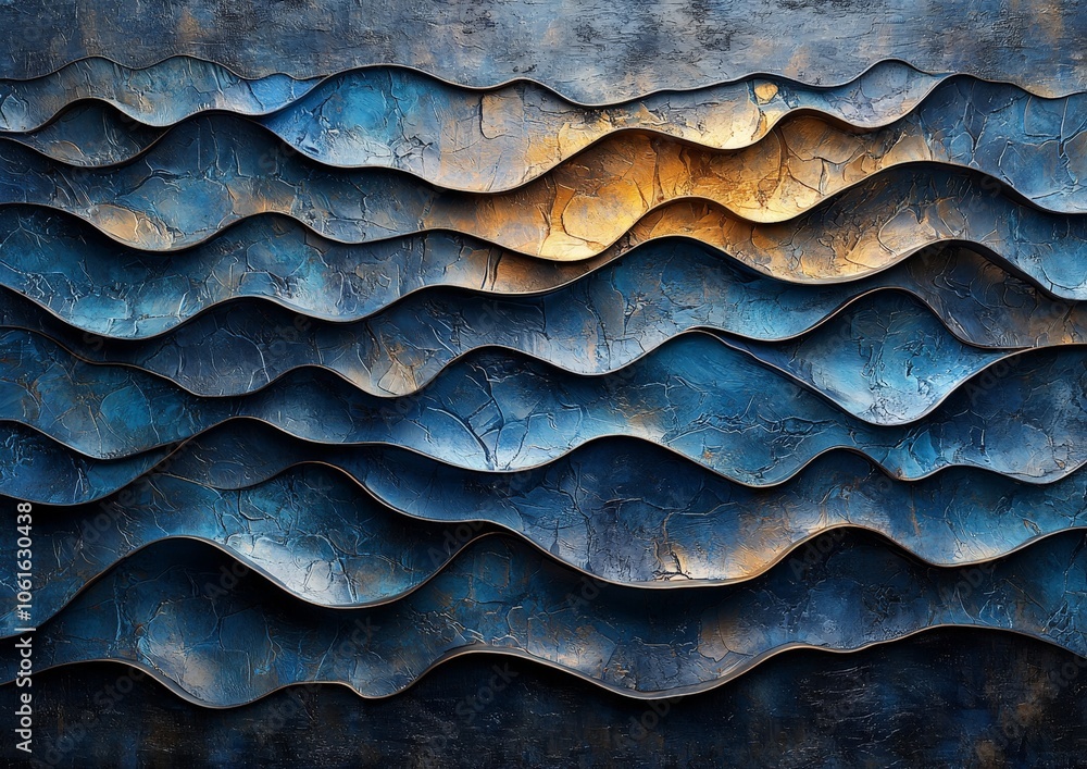 Abstract artwork featuring layered waves in blue and gold tones, creating a textured visual effect. Abstract artwork featuring layered waves in blue and gold tones, creating a textured visual effect.