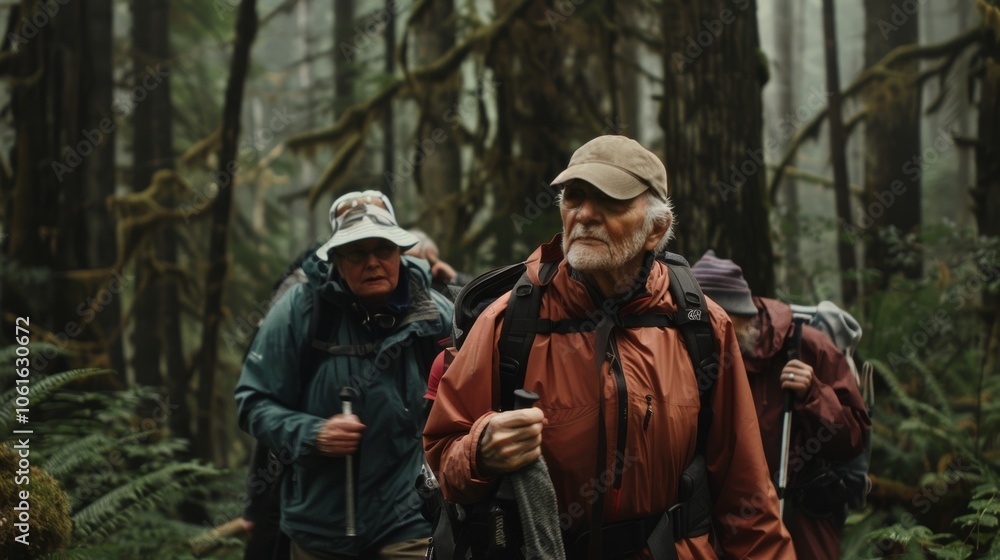 Elderly hikers navigate through a dense, misty forest, embracing adventure amid nature’s ancient embrace. Elderly hikers navigate through a dense, misty forest, embracing adventure amid nature’s ancient embrace.