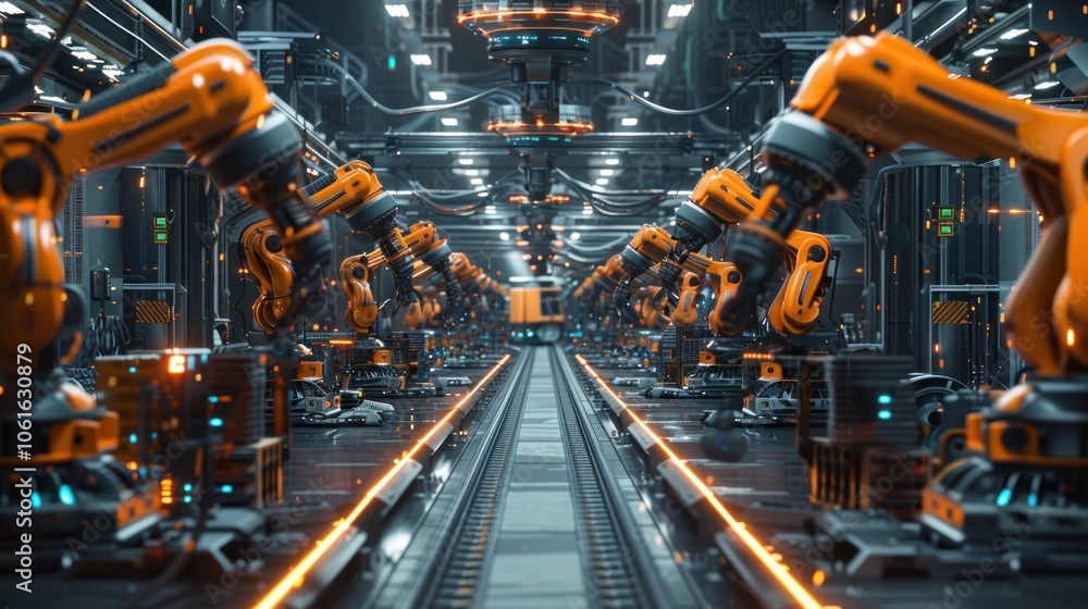 Robotic Automation in a Futuristic Industrial Factory with Advanced Machinery and Conveyor System for Efficient Manufacturing Processes and Logistics Robotic Automation in a Futuristic Industrial Factory with Advanced Machinery and Conveyor System for Efficient Manufacturing Processes and Logistics