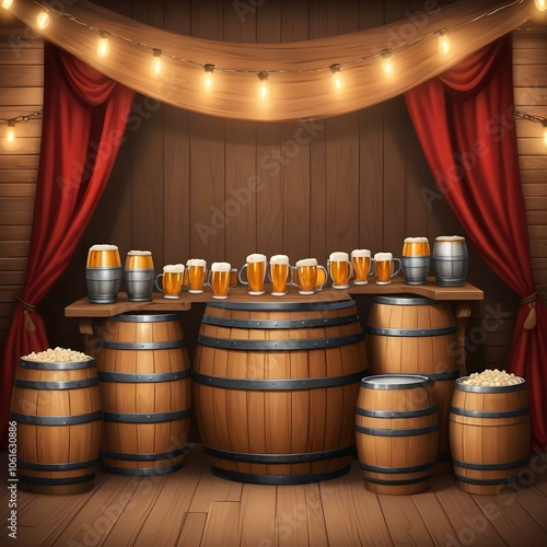 Beerfest or october fest background with beer glasses and barrels photo