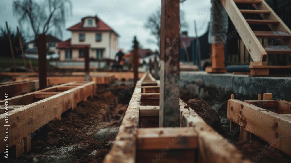 Construction workers meticulously assembling a house's wooden frame, surrounded by residential architecture under cloudy skies. Construction workers meticulously assembling a house's wooden frame, surrounded by residential architecture under cloudy skies.