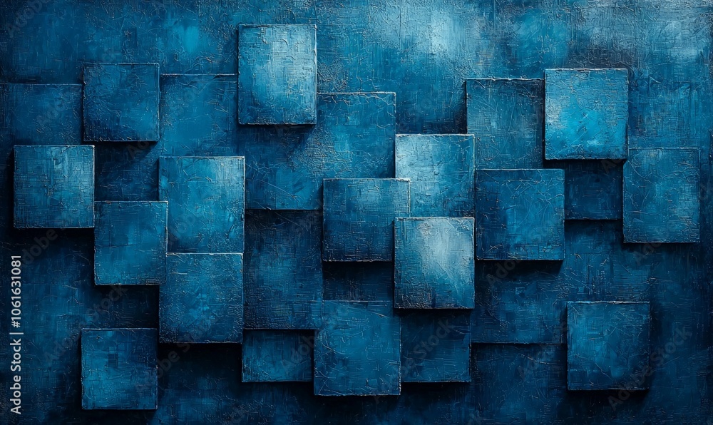 Abstract artwork featuring overlapping blue squares on a textured background. Abstract artwork featuring overlapping blue squares on a textured background.