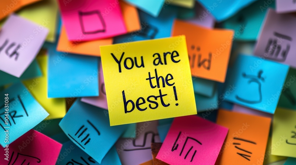 A bright and eclectic collection of sticky notes includes a central yellow note featuring the phrase 'You are the best!' amidst colorful shapes and symbols. A bright and eclectic collection of sticky notes includes a central yellow note featuring the phrase 'You are the best!' amidst colorful shapes and symbols.