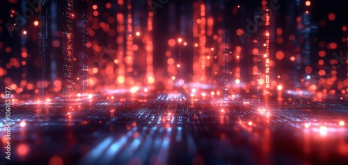 Futuristic digital landscape with vibrant red and cyan lights illuminating pathways. Generative AI