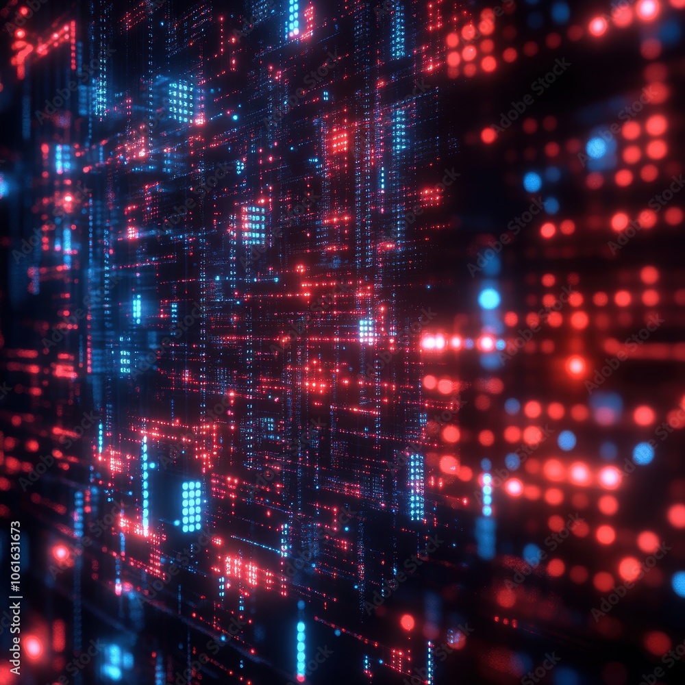 A vibrant futuristic tech backdrop featuring red and cyan digital patterns and lights. Generative AI A vibrant futuristic tech backdrop featuring red and cyan digital patterns and lights. Generative AI