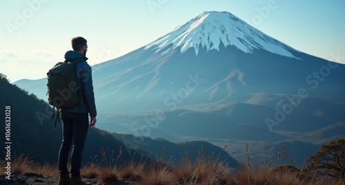 Explorer near Mount Fuji, Japan, overlooking cool blue and gray tones, captured in 8k on a Hasselblad X1D for a natural, serene landscape. photo