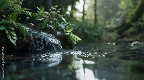 A tranquil stream cascades gently in a lush, sun-dappled forest, its clear waters sparkling amidst vibrant greenery.