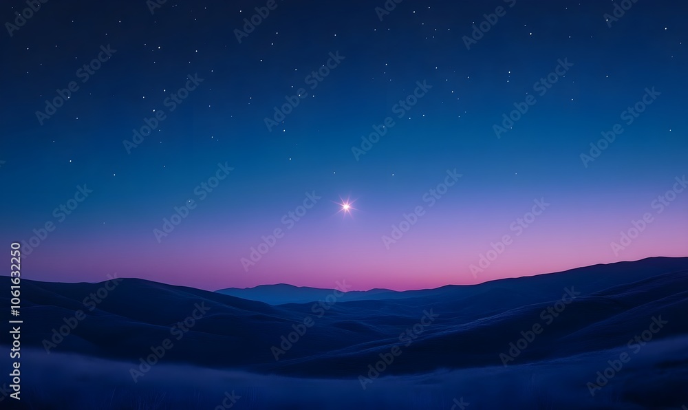 A single bright star shining in the twilight sky with soft colors of blue and purple to create a calming and inspiring nighttime atmosphere A single bright star shining in the twilight sky with soft colors of blue and purple to create a calming and inspiring nighttime atmosphere