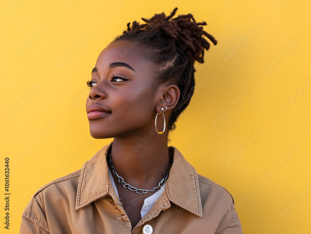 Smiling stylish Gen Z Black hipster standing against a vibrant yellow background, looking away with a positive expression, perfect for advertising and promotional concepts. Smiling stylish Gen Z Black hipster standing against a vibrant yellow background, looking away with a positive expression, perfect for advertising and promotional concepts.
