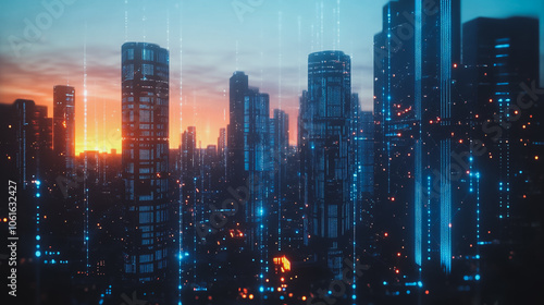 Wallpaper Mural Smart digital city with connection cyber security network reciprocity over the cityscape . future smart wireless digital city and social media networking systems that connects people within the city Torontodigital.ca