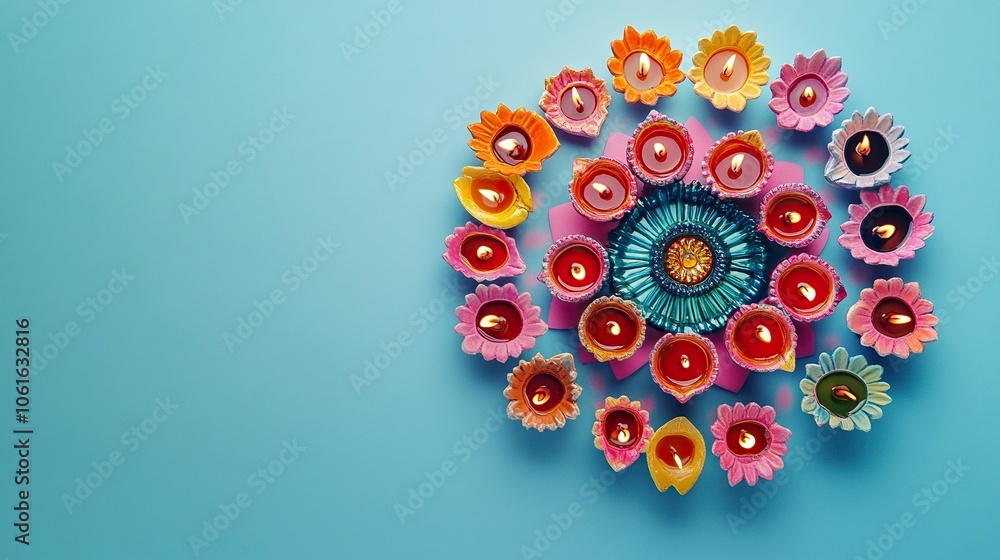 Colorful Diwali oil lamps arranged in a mandala pattern on a pastel blue background with copy space for a festival of light celebration banner, ,generative ai Colorful Diwali oil lamps arranged in a mandala pattern on a pastel blue background with copy space for a festival of light celebration banner, ,generative ai