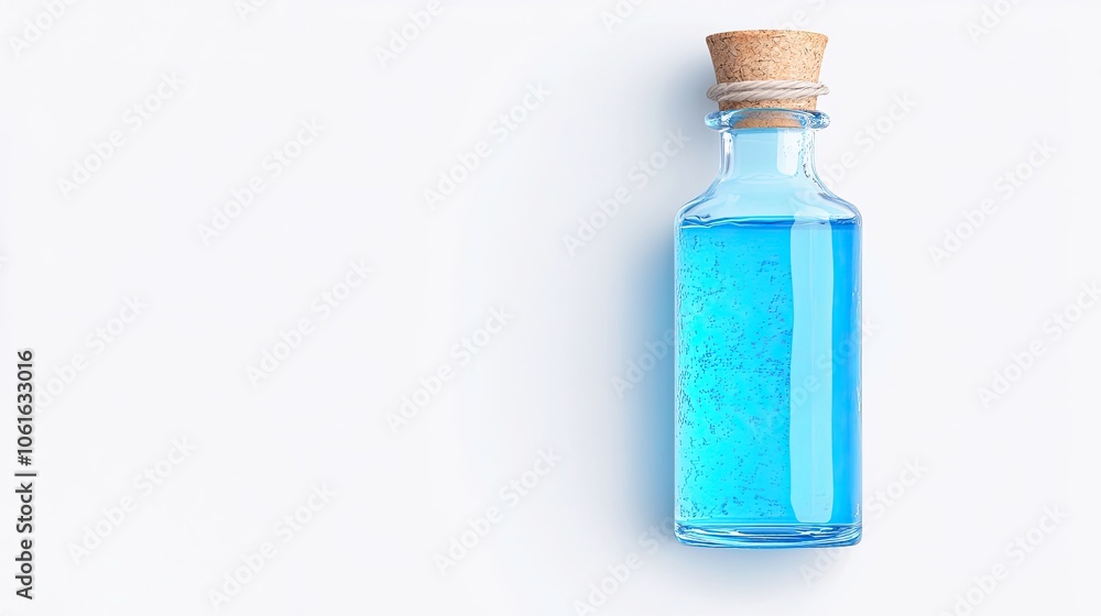 Blue liquid in a clear bottle with cork on a white isolated background. Blue liquid in a clear bottle with cork on a white isolated background.