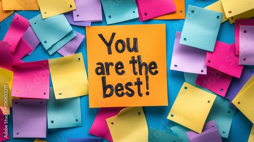 Image depicts a collection of multicolored sticky notes centered around a single orange note conveying a positive message, creating a cheerful atmosphere. photo