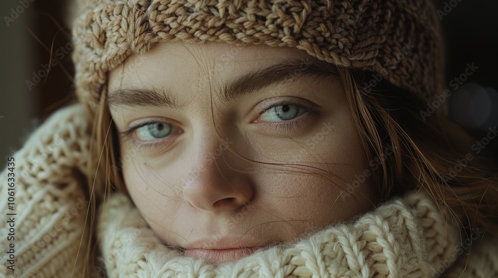 A young woman looks directly at the camera, enveloped in a warm knit hat and scarf, exuding a sense of cozy warmth and intimate stillness. A young woman looks directly at the camera, enveloped in a warm knit hat and scarf, exuding a sense of cozy warmth and intimate stillness.