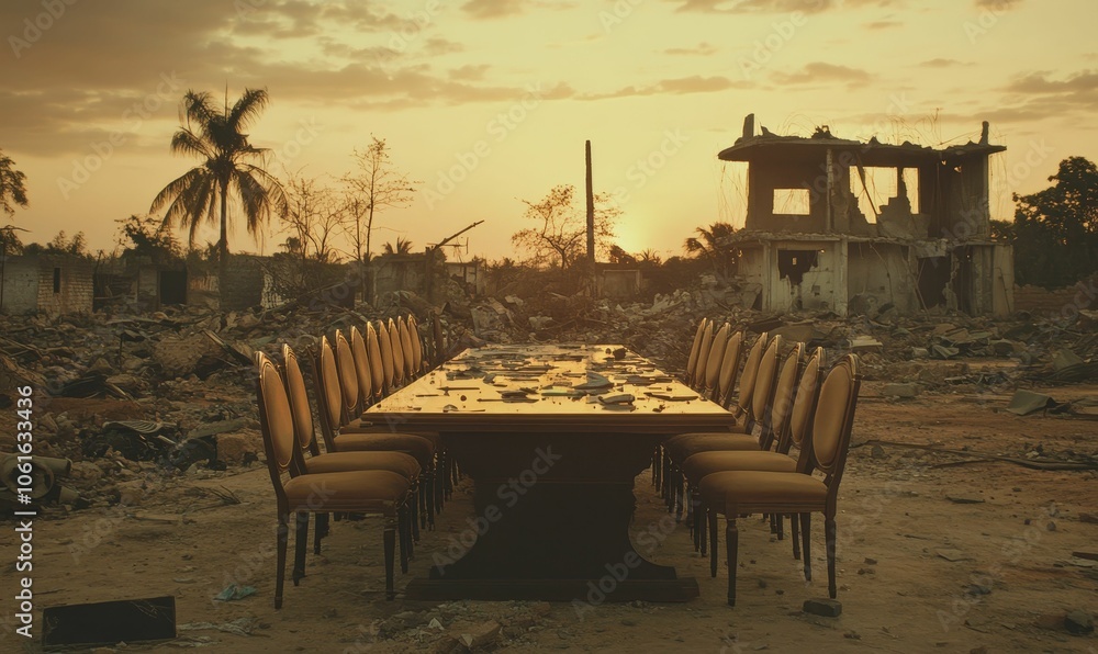 Naklejka premium Ruined building, table, chairs, debris.