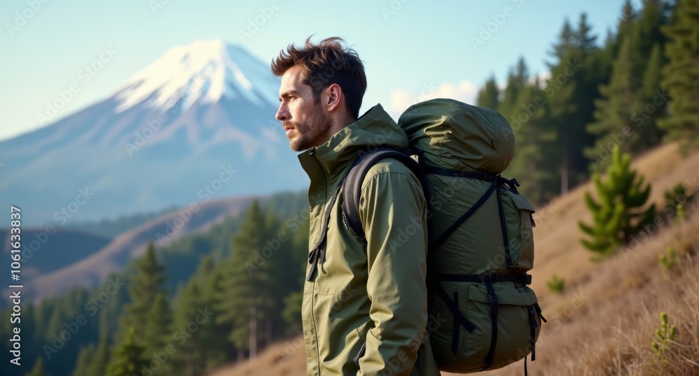 Trekker male model at Mount Fuji, Japan, dressed in muted olives and khakis, a nature-inspired camouflage shot in 8k with Hasselblad X1D, highlighting rich textures. Trekker male model at Mount Fuji, Japan, dressed in muted olives and khakis, a nature-inspired camouflage shot in 8k with Hasselblad X1D, highlighting rich textures.