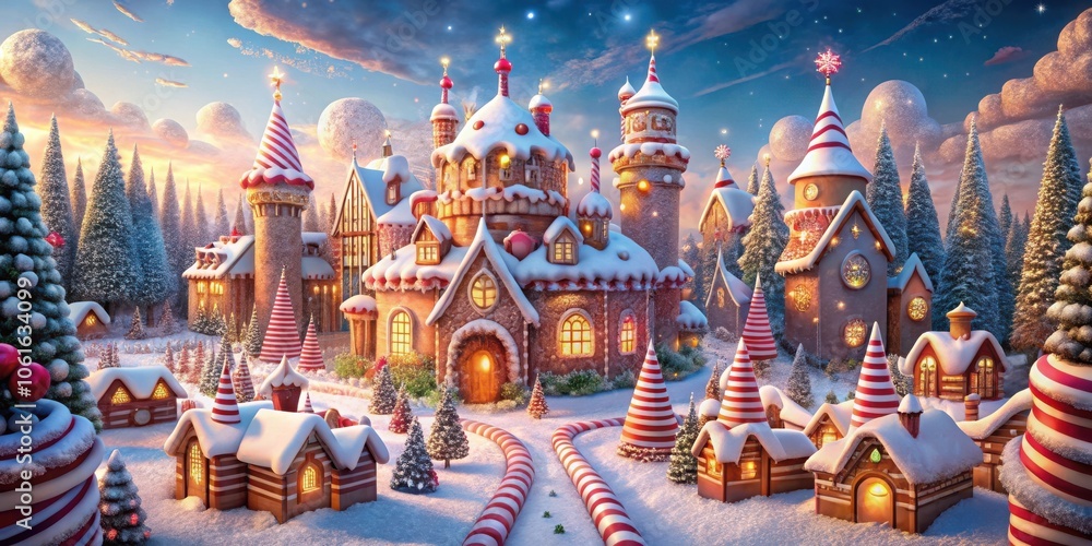 Obraz premium A whimsical gingerbread village nestled among snow-covered evergreens, bathed in the warm glow of Christmas lights.