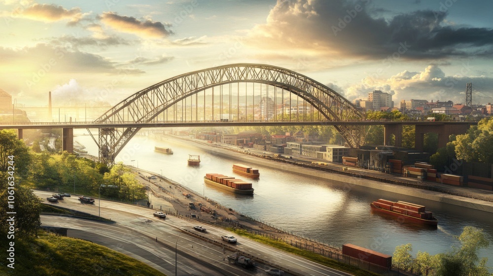 Naklejka premium Steel Arch Bridge Over River With Barges at Sunset.