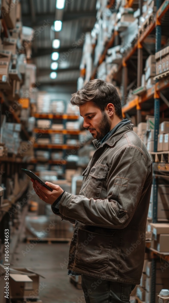 A male warehouse worker is checking inventory and managing using a smartphone in a large industrial storage facility filled with shelves and boxes A male warehouse worker is checking inventory and managing using a smartphone in a large industrial storage facility filled with shelves and boxes