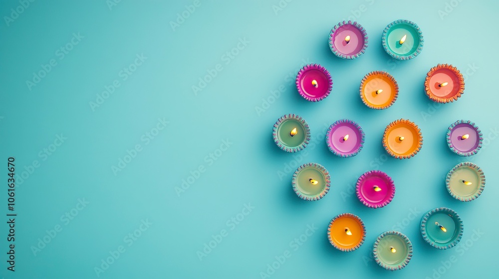 Colorful Diwali oil lamps arranged in a mandala pattern on a pastel blue background with copy space for a festival of light celebration banner, ,generative ai Colorful Diwali oil lamps arranged in a mandala pattern on a pastel blue background with copy space for a festival of light celebration banner, ,generative ai