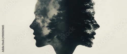 A surreal image depicting two profiles merged with nature, showcasing an interplay of human emotion and environmental beauty.