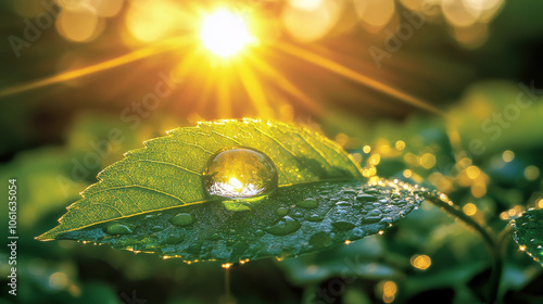 single dewdrop clings to vibrant green leaf, illuminated by warm sunlight. scene captures beauty of nature, showcasing freshness and tranquility of morning photo