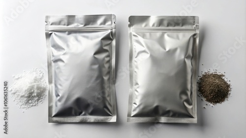 Two Sealed Aluminum Foil Pouches with White Powder and Black Granules on a White Surface photo