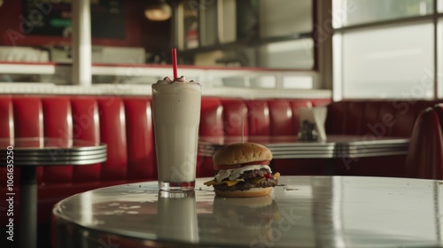 Classic American diner setting with a savory burger and creamy milkshake, offering a nostalgic taste of mid-century culinary charm.