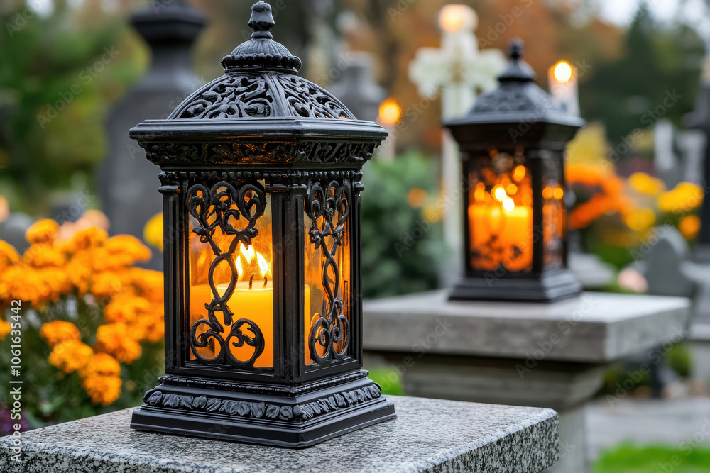 Candles in decorative lanterns on graves, close-up. Candles in decorative lanterns on graves, close-up.