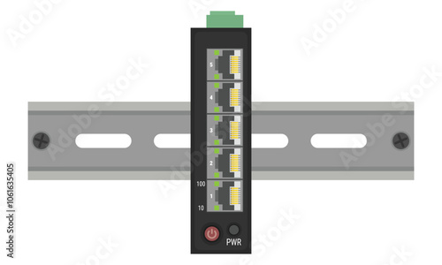 Industrial ethernet switch mounted on a DIN rail. Vector illustration in flat style