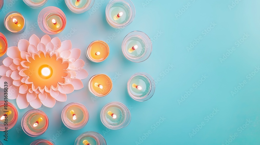 Colorful Diwali oil lamps arranged in a mandala pattern on a pastel blue background with copy space for a festival of light celebration banner, ,generative ai Colorful Diwali oil lamps arranged in a mandala pattern on a pastel blue background with copy space for a festival of light celebration banner, ,generative ai
