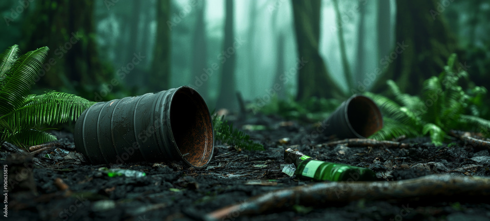 Fototapeta premium polluted forest with trash, showcasing environmental neglect and decay