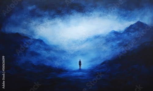 A lone figure stands in a blue, misty landscape.