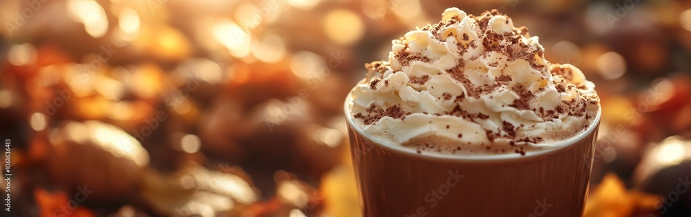 Pumpkin spice latte with whipped cream in a cozy autumnal setting Pumpkin spice latte with whipped cream in a cozy autumnal setting