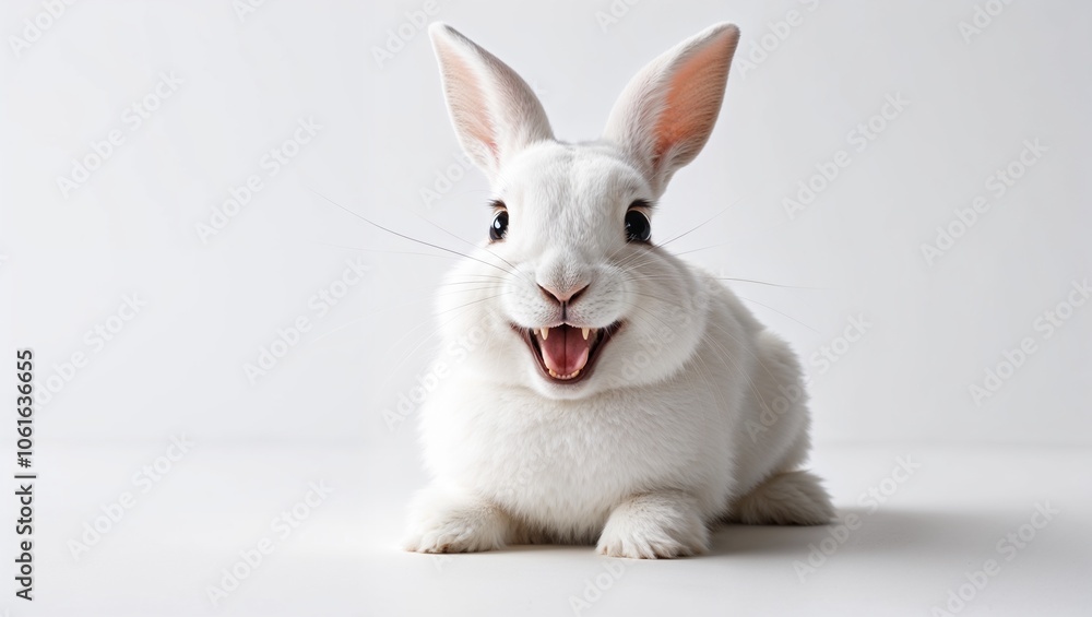 Fototapeta premium Portrait of a Playful and Adorable White Rabbit, Perfect for Children's Book Illustrations and Pet Care Articles, Capturing the Joy and Innocence of Nature's Creatures