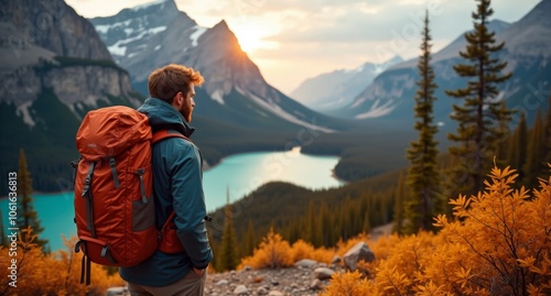 Backpacker male model hiking at Banff National Park, Canada, overlooking vibrant reds and oranges, captured in stunning detail in 8k with Hasselblad X1D. photo