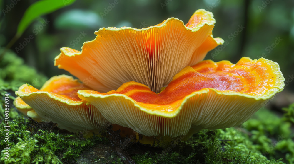 Vibrant mushroom with orange and yellow hues growing in lush, mossy forest, showcasing intricate gills and natural habitat filled with greenery Vibrant mushroom with orange and yellow hues growing in lush, mossy forest, showcasing intricate gills and natural habitat filled with greenery