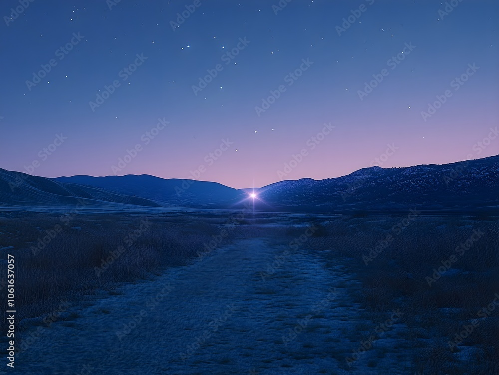 A single bright star shining in the twilight sky with soft colors of blue and purple to create a calming and inspiring nighttime atmosphere A single bright star shining in the twilight sky with soft colors of blue and purple to create a calming and inspiring nighttime atmosphere