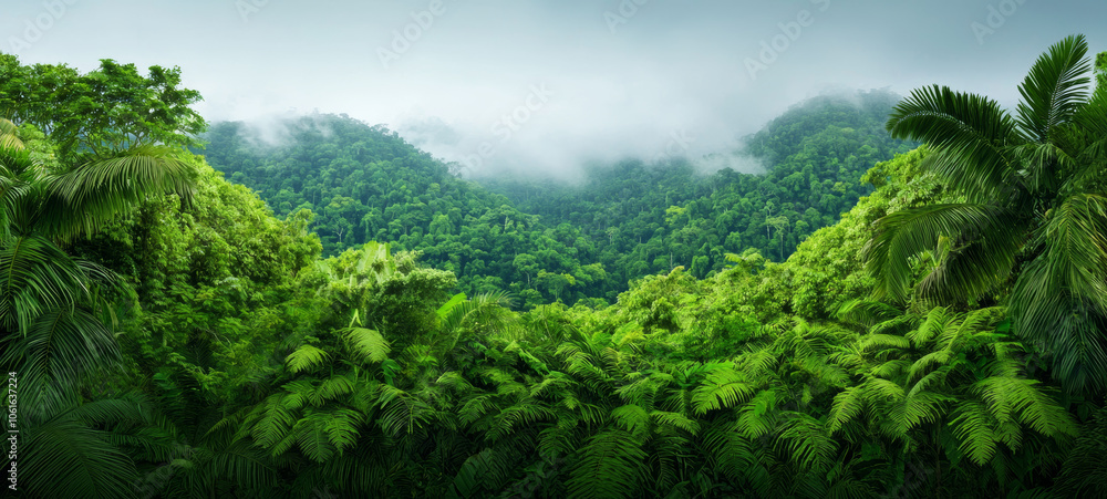 Lush green rainforest landscape with misty mountains in background Lush green rainforest landscape with misty mountains in background