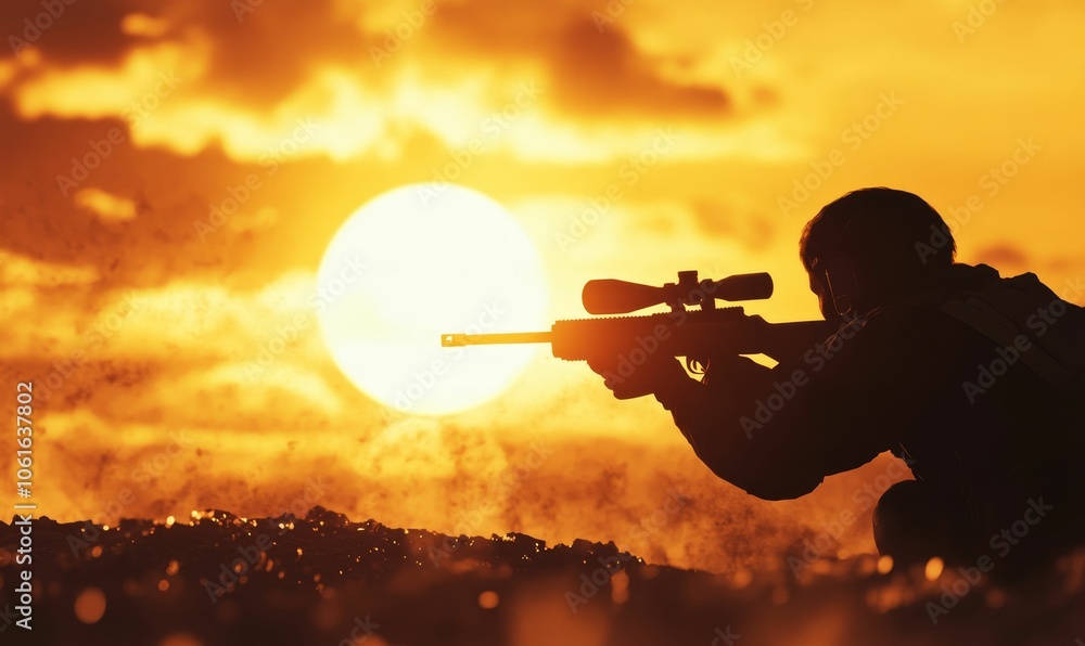 Fototapeta premium Silhouette of a soldier aiming a rifle at sunset.