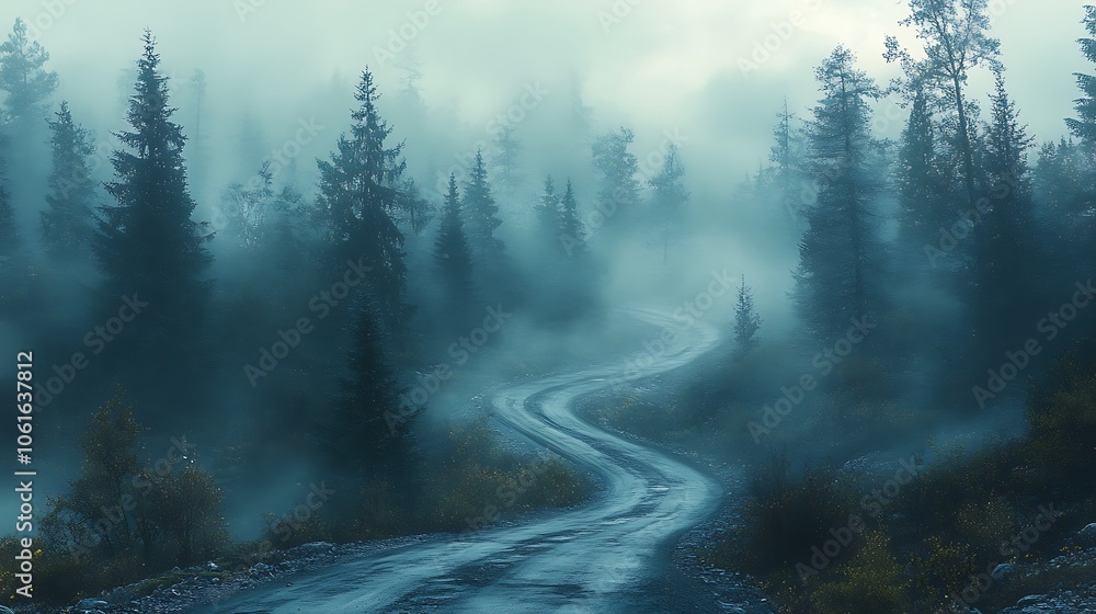 Winding road through the misty forest a serene Winding road through the misty forest a serene
