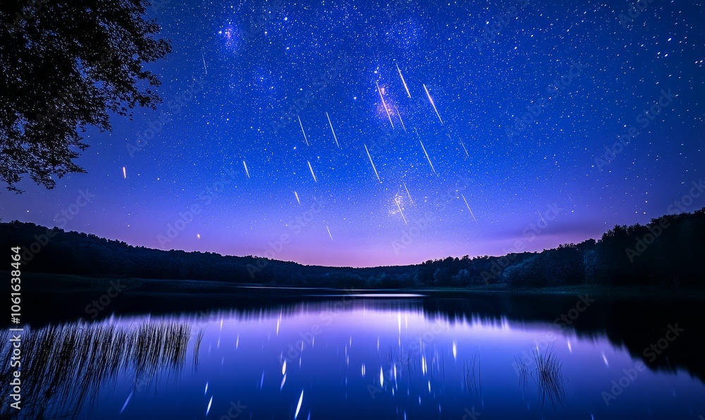 Night sky with shooting stars reflected in lake. Night sky with shooting stars reflected in lake.