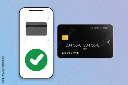 Digital payment illustration showing a credit card above a smartphone screen with stacked coins, symbolizing online transactions and financial transfers.